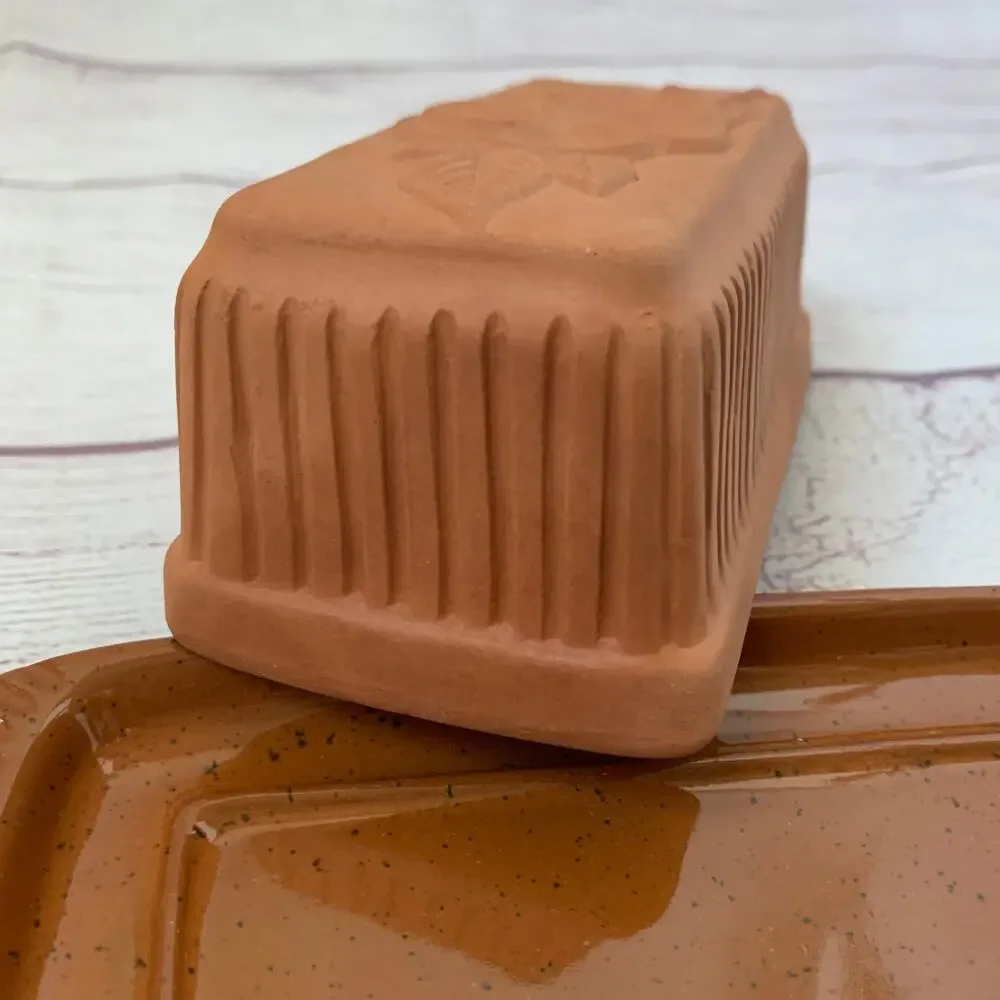 Vintage Terracotta Butter Dish Floral Textured Lid by American Container Co.